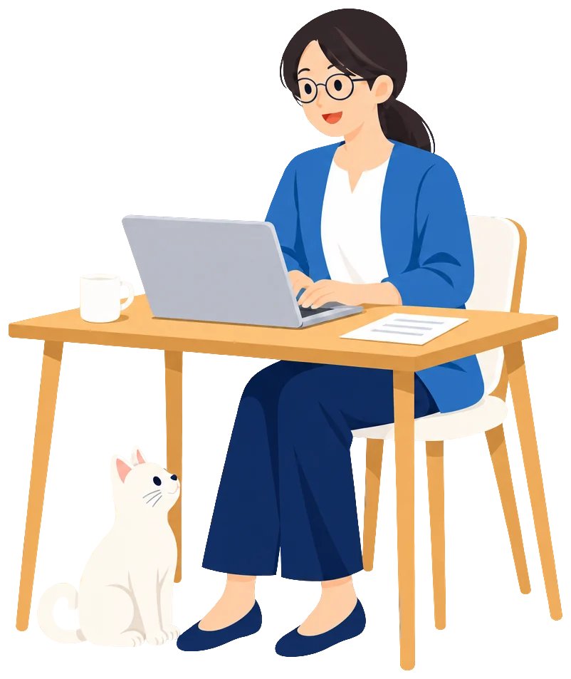 机でノートパソコンを使って日報をまとめる女性と、足元の猫のイラスト