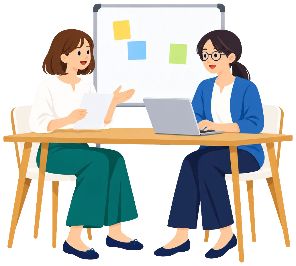 会議の内容をノートパソコンでまとめる職員のイラスト