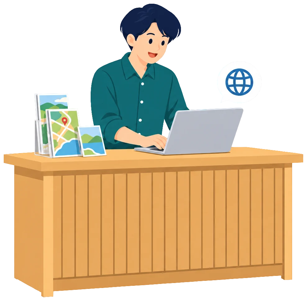 観光案内所のカウンターで外国語のメールに対応する職員のイラスト