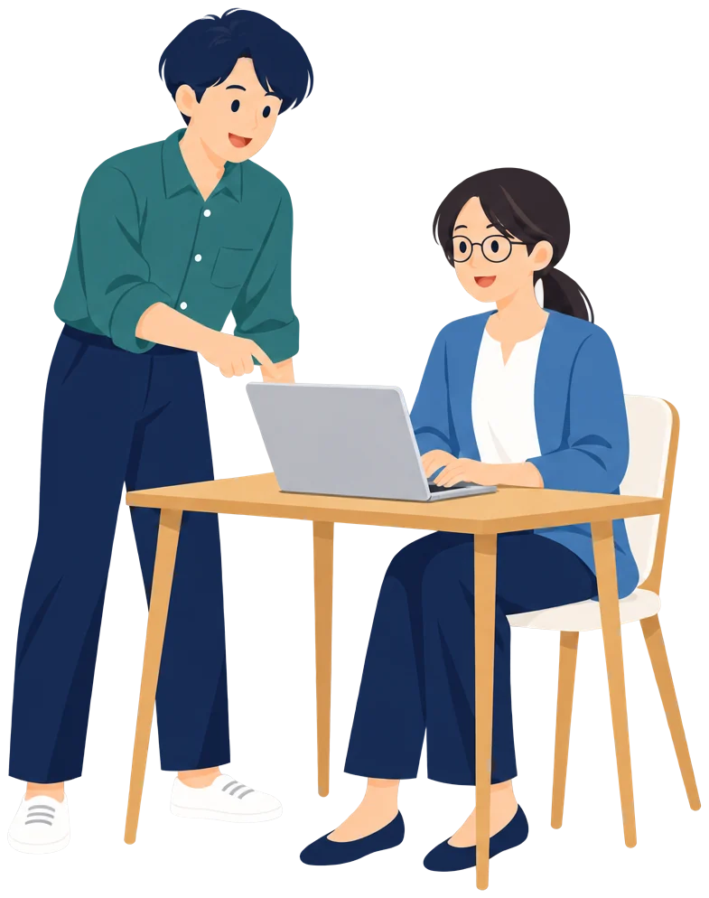 パソコンの画面を一緒に確認するスタッフのイラスト