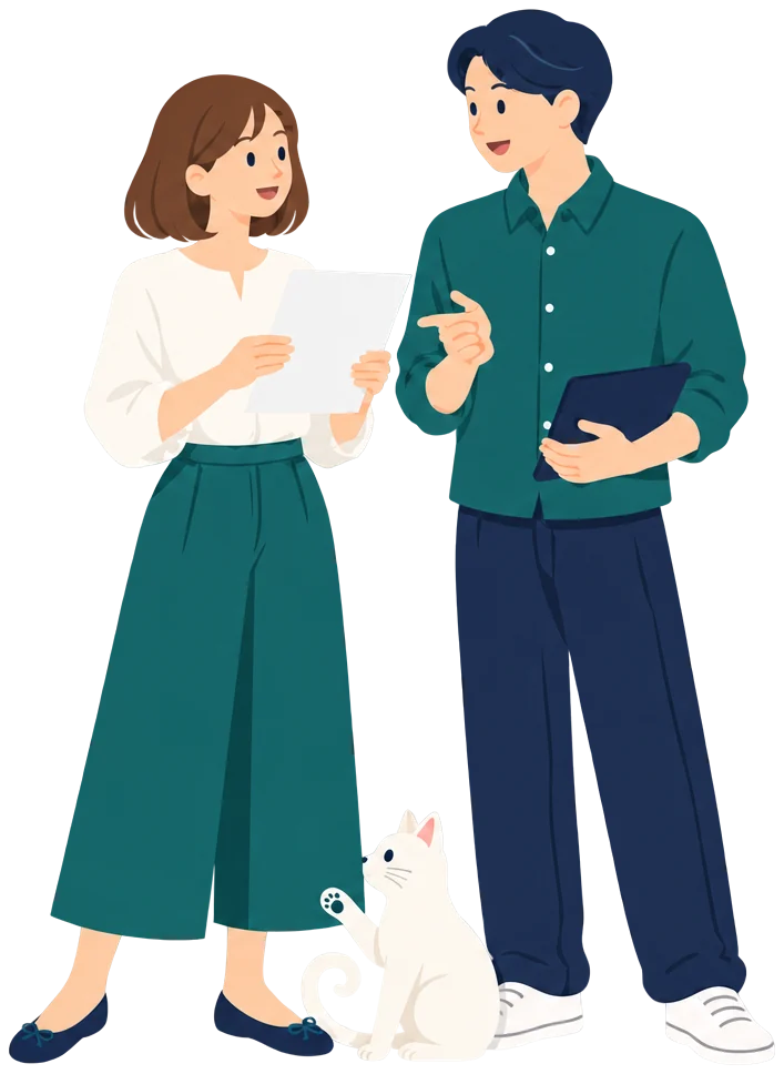 仕事の相談をする男女と、足元にいるロゴと同じ姿の猫のイラスト