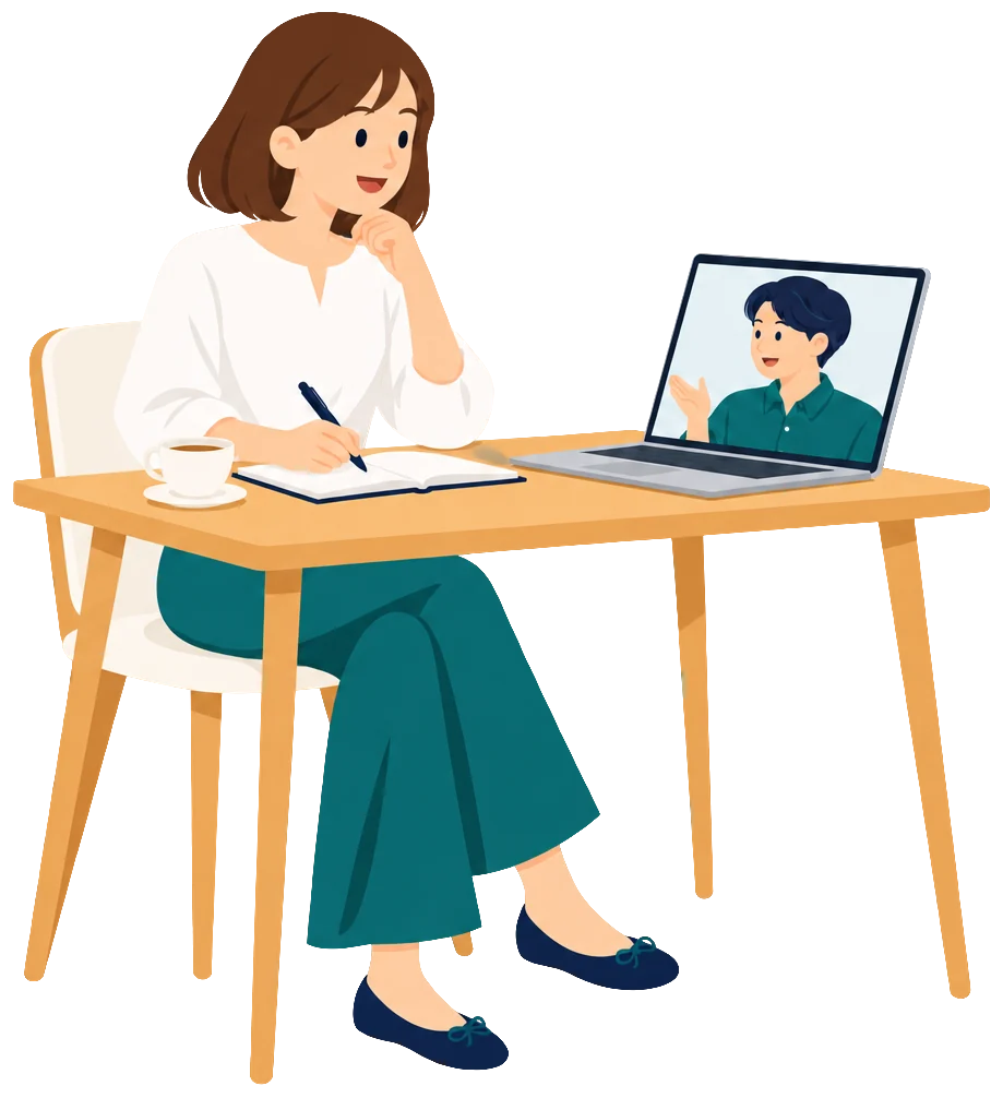 ノートパソコンでオンライン会議をしながらメモを取る女性のイラスト